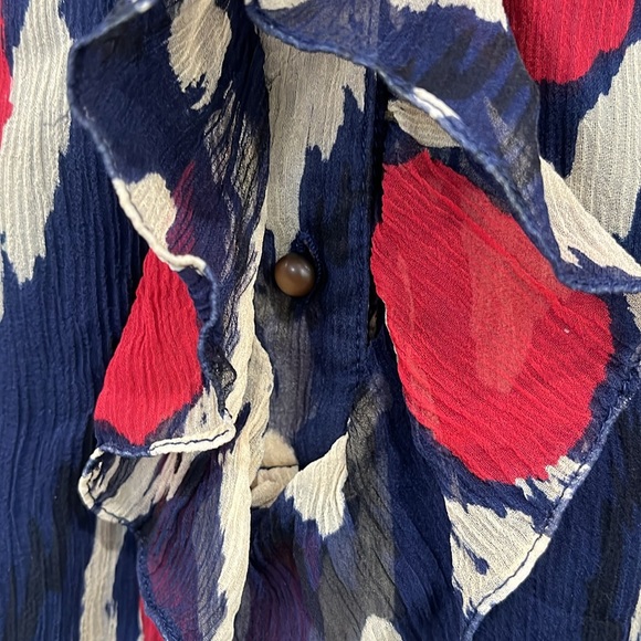 Diane von Furstenberg Candela Bis Silk Ruffle Long Sleeve Blouse Top Navy Red 10 - Picture 7 of 14